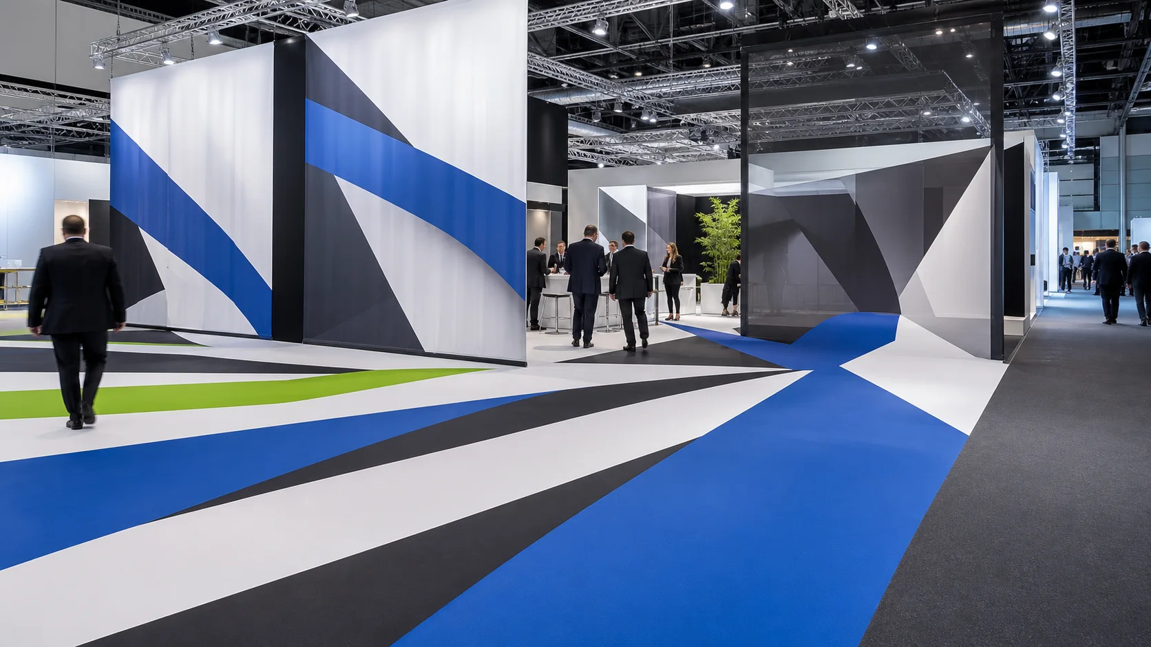Moderner Messestand mit individuell bedrucktem Boden in Blau, Weiß, Grün und Anthrazit