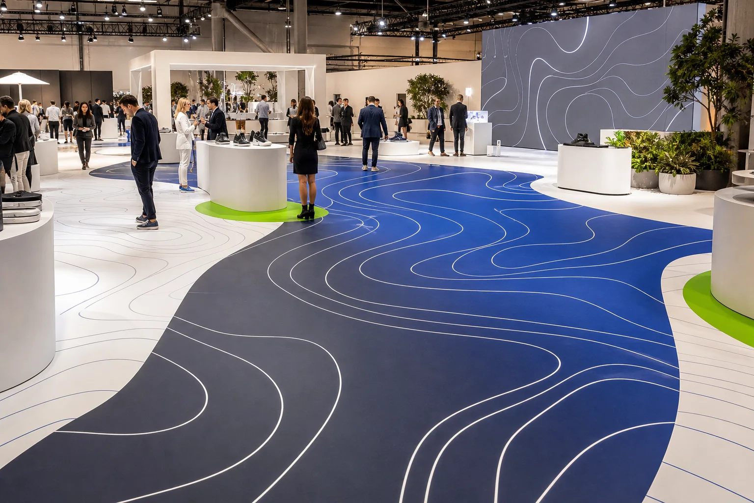 Heller Markenevent mit glatt bedrucktem GPG FAIRFLOOR in Blau und Anthrazit