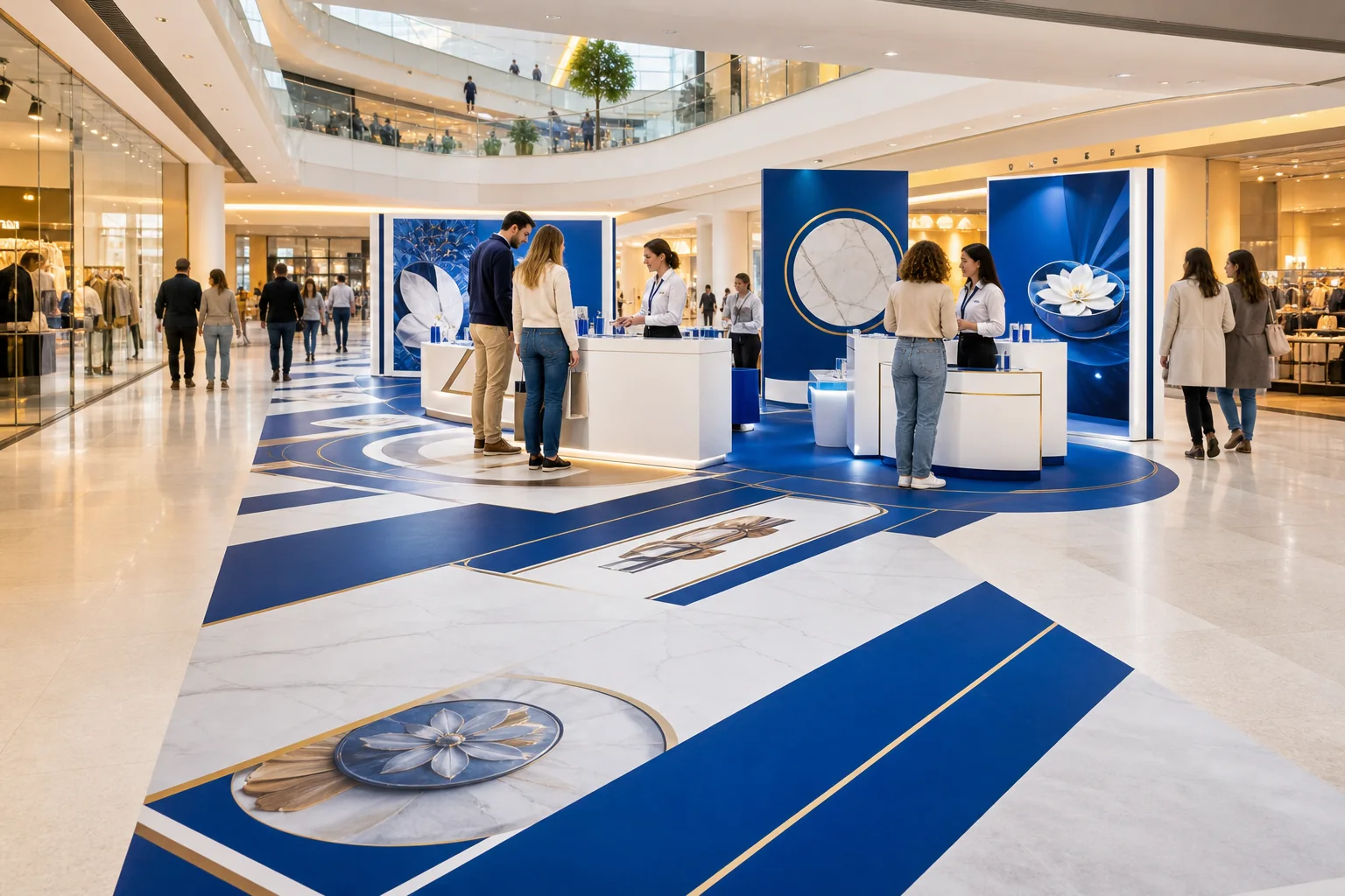 Promotionfläche in einem Einkaufszentrum mit großflächig bedrucktem Boden in Blau und Weiß