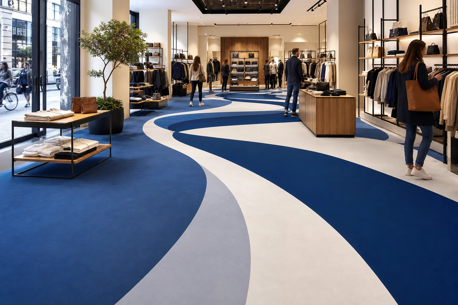 Moderner Retail-Store mit einem individuell bedruckten Bodenbelag in Blau und Weiß